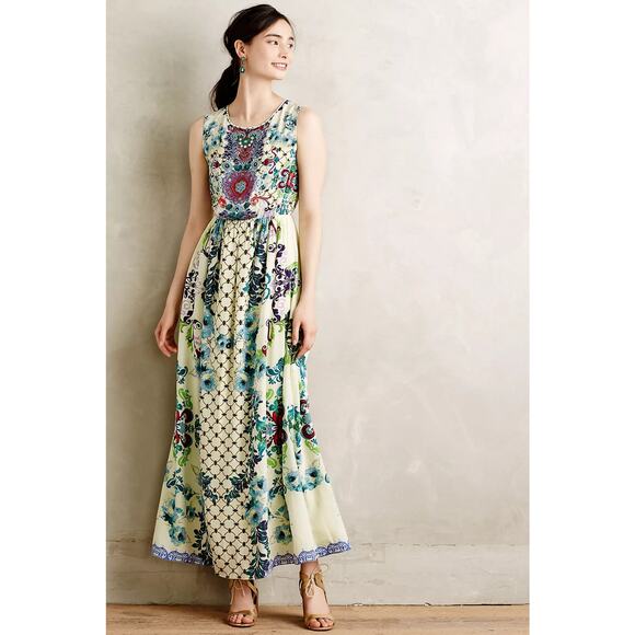 Anthro Hemant & Nandita Embroidered Canaria Maxi Boho Silk Floral Sleeveless XS - Picture 2 of 13